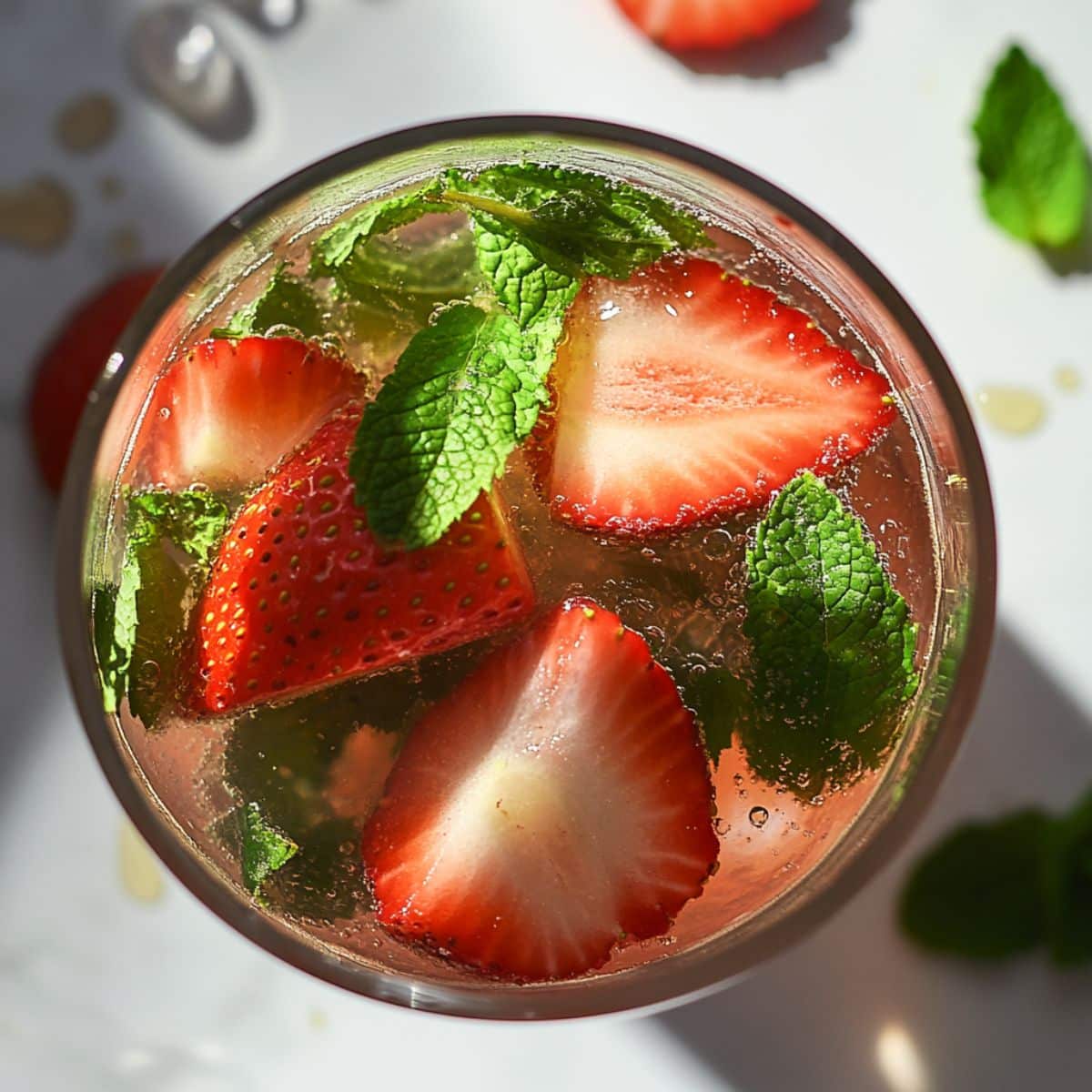 Strawberry mojito mixture poured into an ice-filled glass, topped with fizzy club soda.