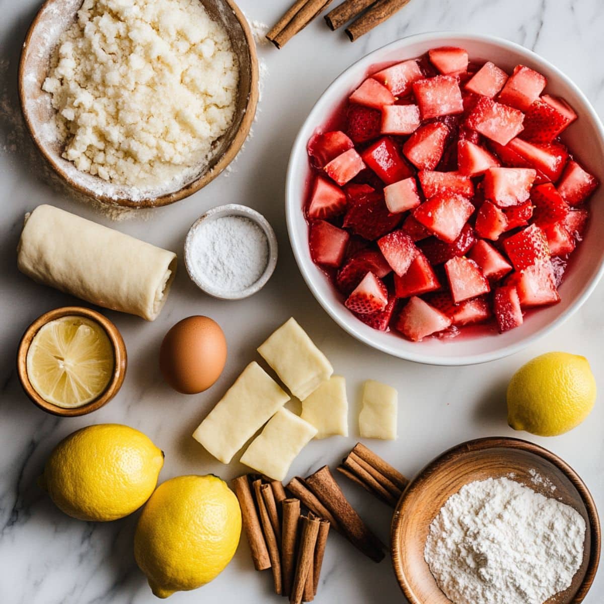 Ingredients for strawberry rhubarb pie including fruit, sugar, lemon, cornstarch, and pie dough on a white kitchen counter.