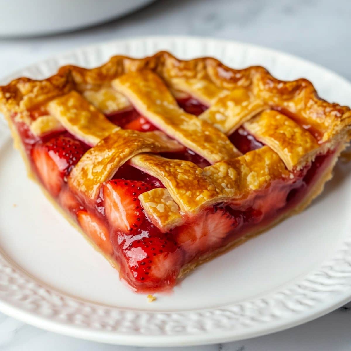 Golden lattice-topped strawberry rhubarb pie slice on a white plate, showing juicy strawberries and glossy filling inside a flaky crust.