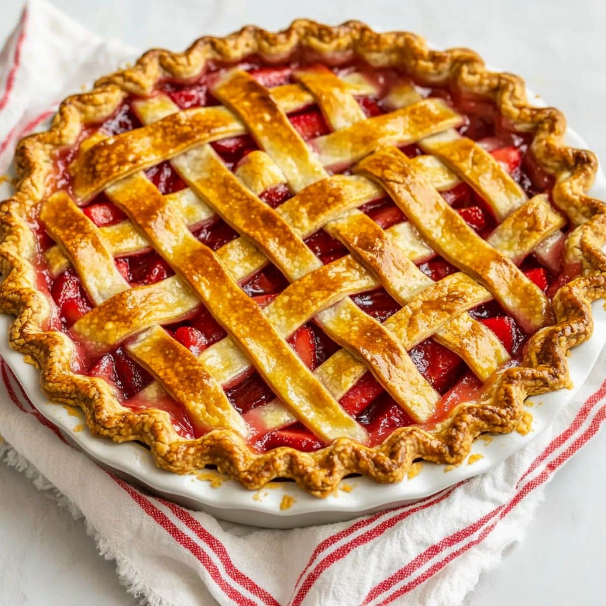 Close-up of a golden, lattice-topped strawberry rhubarb pie with bubbling fruit filling, rustic crust, and juicy homemade texture on white towel and wooden counter.