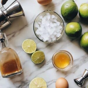 All ingredients for tequila sour shown: tequila, lime, agave, egg white, bitters, and ice.