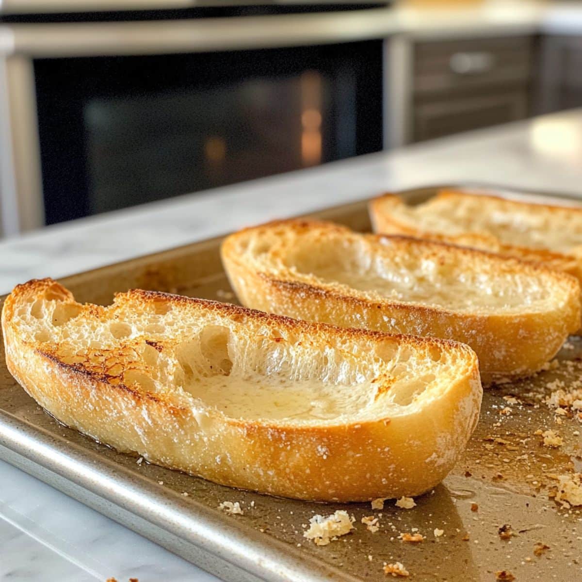 Halved French bread brushed with garlic butter and lightly toasted.
