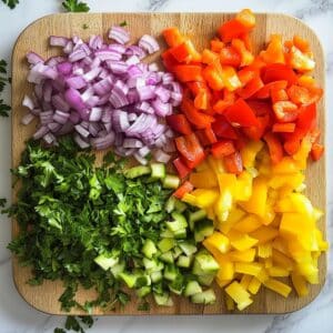 Red onion, bell peppers, parsley, and celery freshly chopped on cutting board.