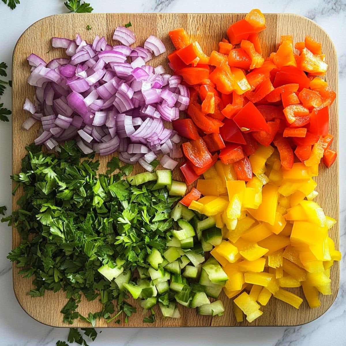 Red onion, bell peppers, parsley, and celery freshly chopped on cutting board.