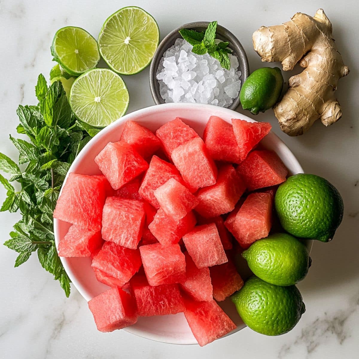 All fresh ingredients for watermelon juice laid out on a white counter. Includes lime, mint, and watermelon.