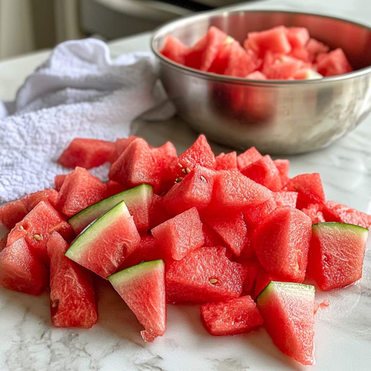 Chilled watermelon chunks prepped for juice on a white kitchen counter. Cold fruit makes smoother, sweeter juice.