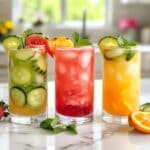 Overhead view of three colorful agua fresca drinks on a white kitchen counter. Homemade and fruit-filled, perfect for summer refreshment.
