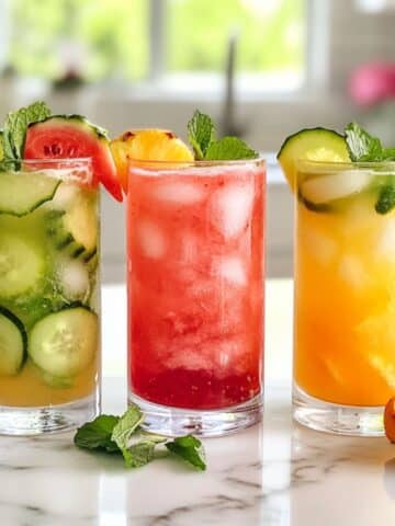 Overhead view of three colorful agua fresca drinks on a white kitchen counter. Homemade and fruit-filled, perfect for summer refreshment.