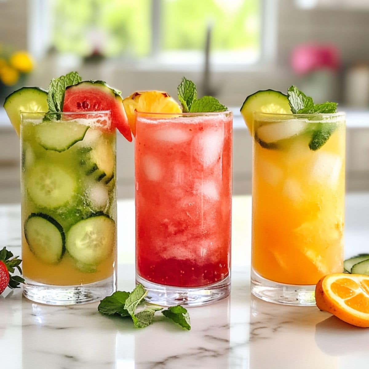 Overhead view of three colorful agua fresca drinks on a white kitchen counter. Homemade and fruit-filled, perfect for summer refreshment.
