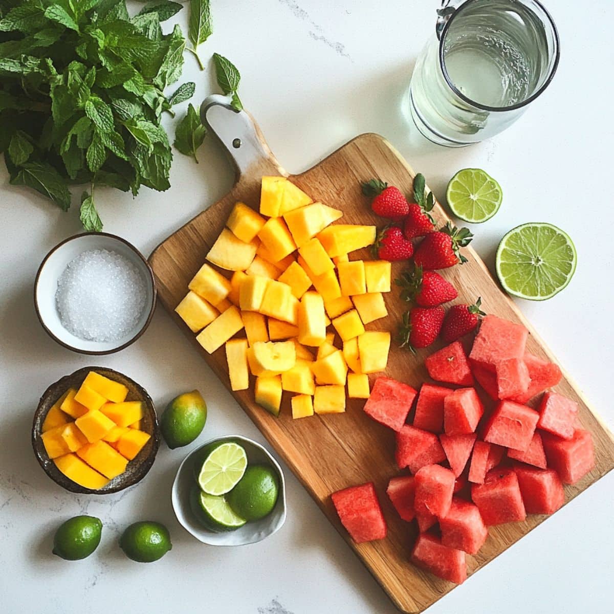 ingredients for making homemade agua fresca. including fresh fruit, lime, sugar, and water on a white kitchen counter.