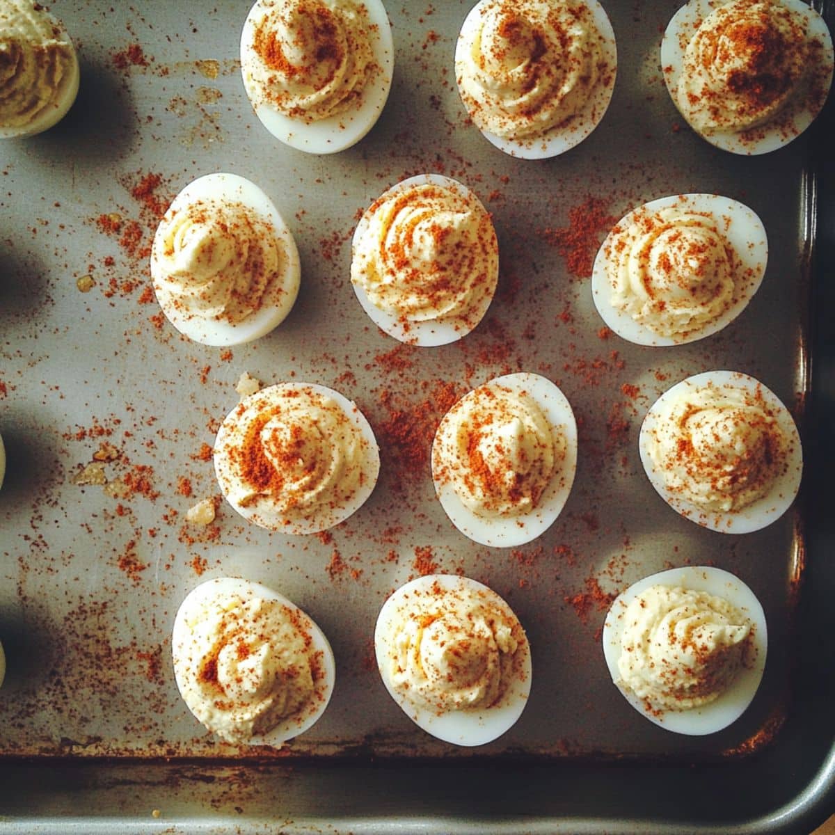 Piped deviled eggs garnished with paprika on a tray. Homemade look with slight imperfections, ready for serving.