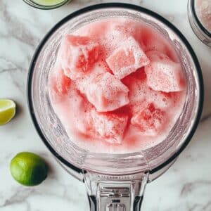 Watermelon chunks blending into smooth pink watermelon juice with lime and salt nearby.