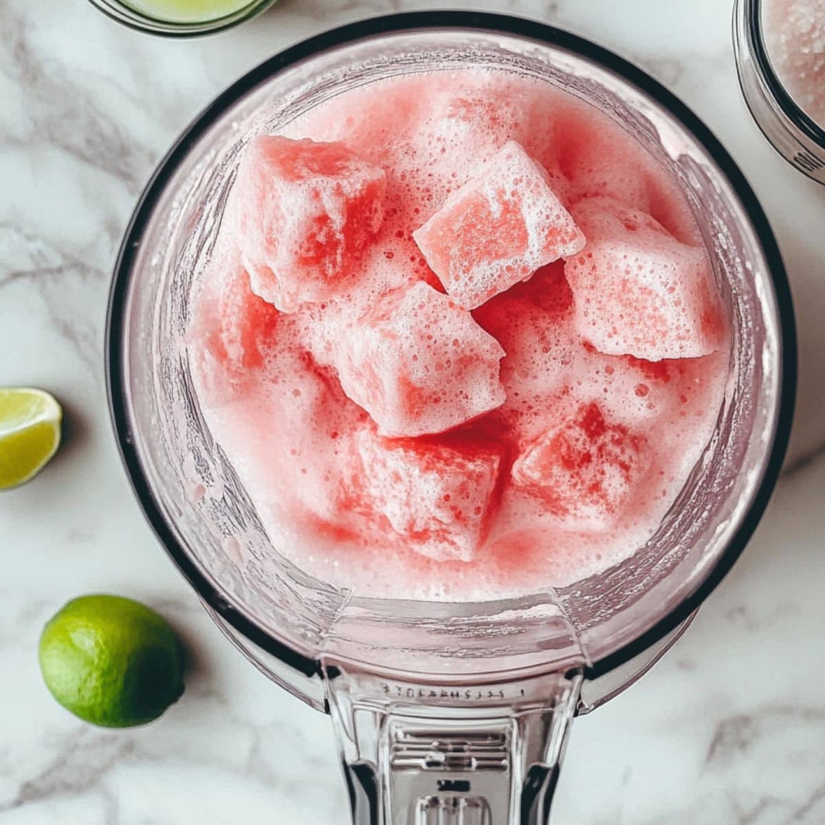 Watermelon chunks blending into smooth pink watermelon juice with lime and salt nearby.