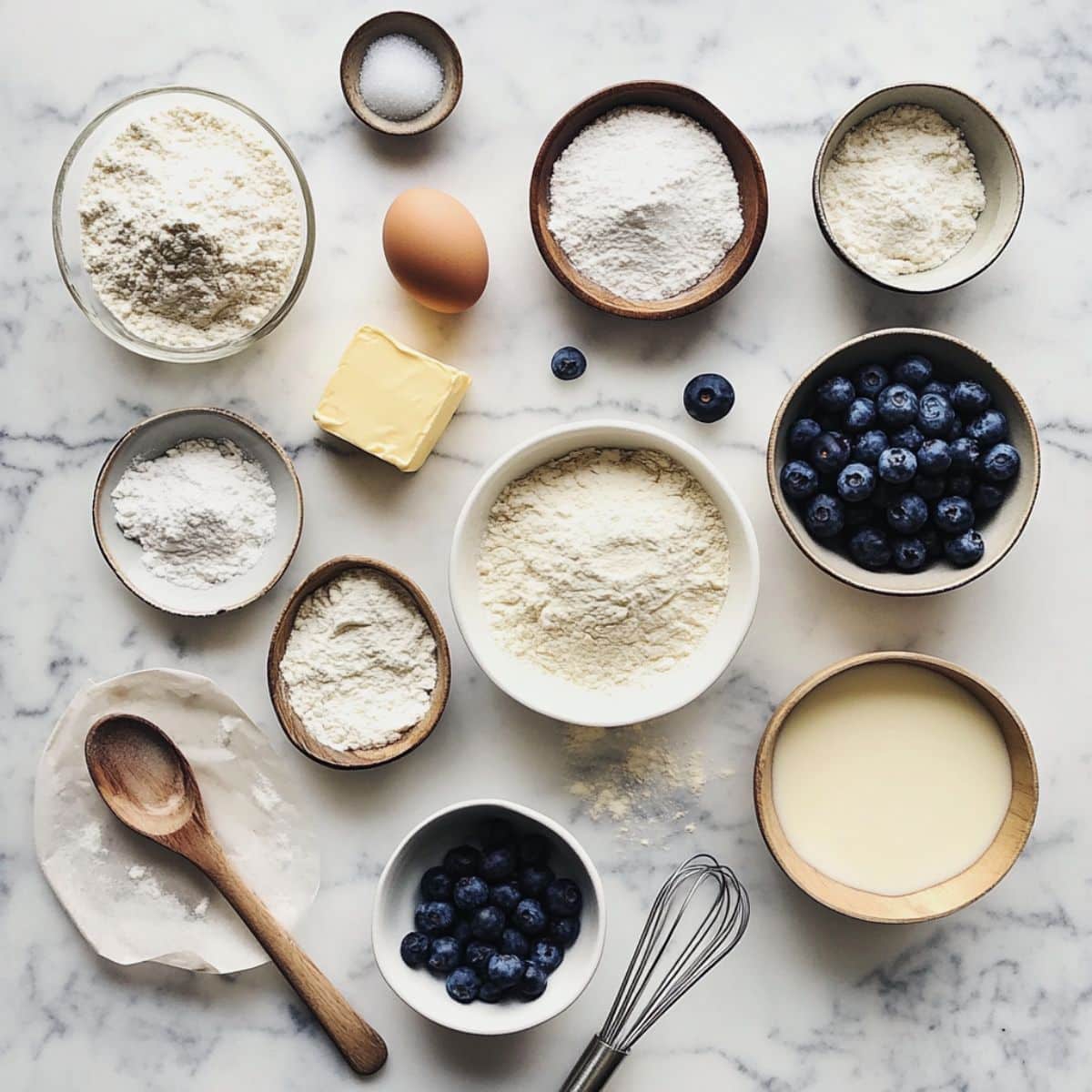 Blueberry pancake ingredients including flour, milk, egg, butter, and blueberries.