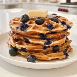 Fluffy golden blueberry waffles stacked high with syrup dripping down the edges.