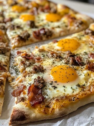Rustic breakfast pizza with eggs, cheese, sausage and bacon, sliced on a white kitchen counter.