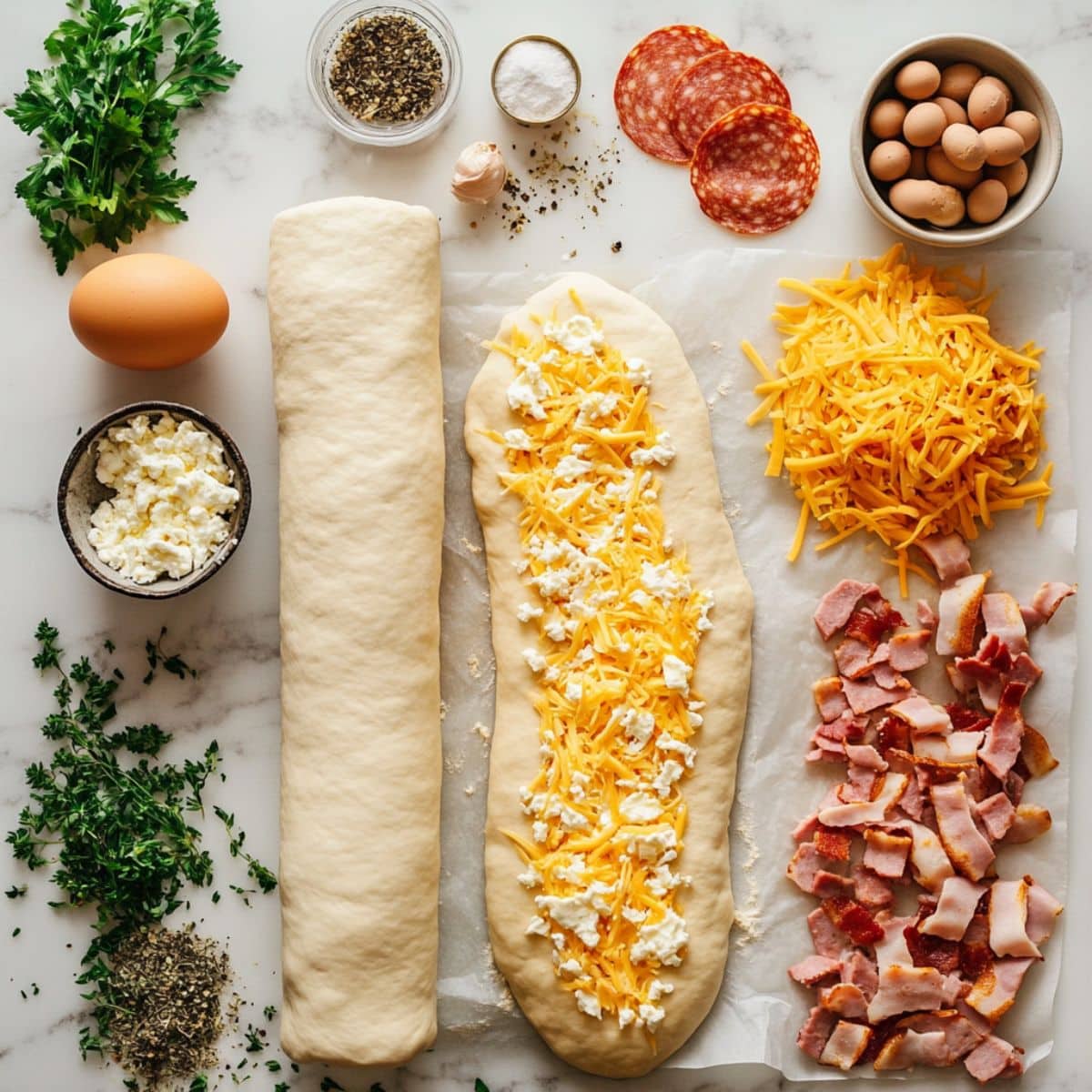 All ingredients for breakfast pizza recipe laid out casually on a white kitchen counter.