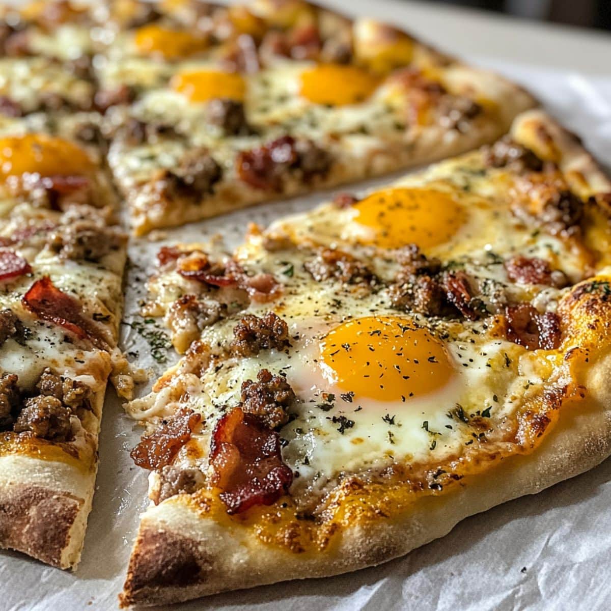 Rustic breakfast pizza with eggs, cheese, sausage and bacon, sliced on a white kitchen counter.