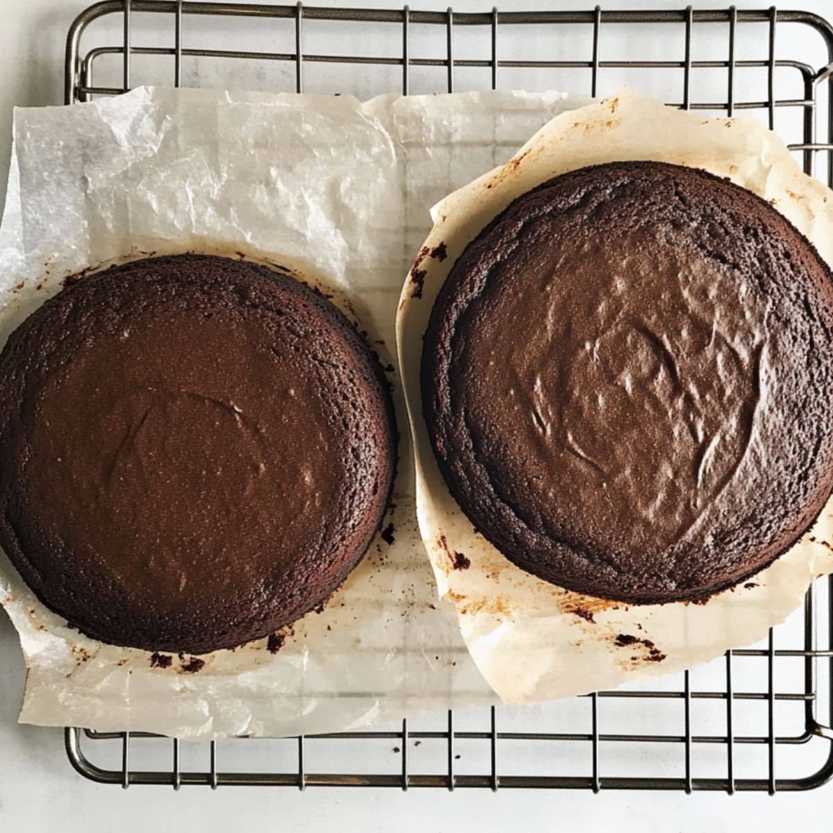 Freshly baked chocolate cake layers cooling on racks, ready for assembly.