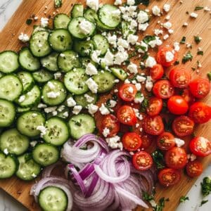 Fresh chopped cucumbers, tomatoes, onion, and feta for pasta salad. Bright Mediterranean vegetables prepped for mixing.