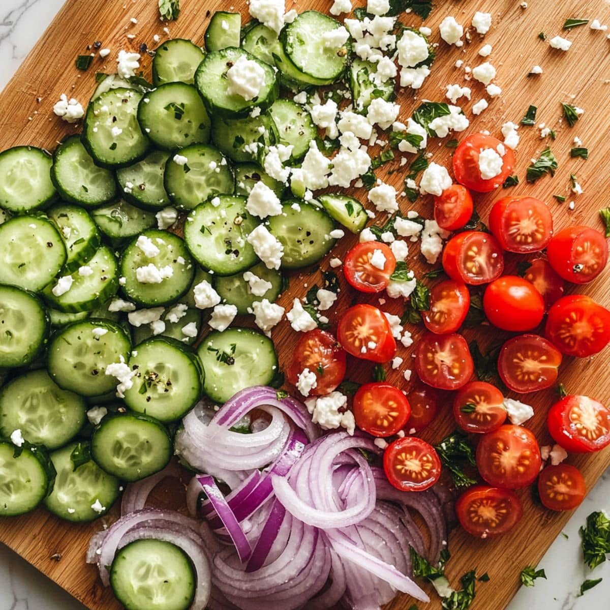 Fresh chopped cucumbers, tomatoes, onion, and feta for pasta salad. Bright Mediterranean vegetables prepped for mixing.