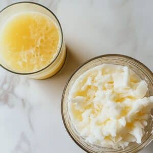 Coconut-pineapple base being poured into crushed ice for mermaid cocktail. Bright yellow base layer forming naturally.