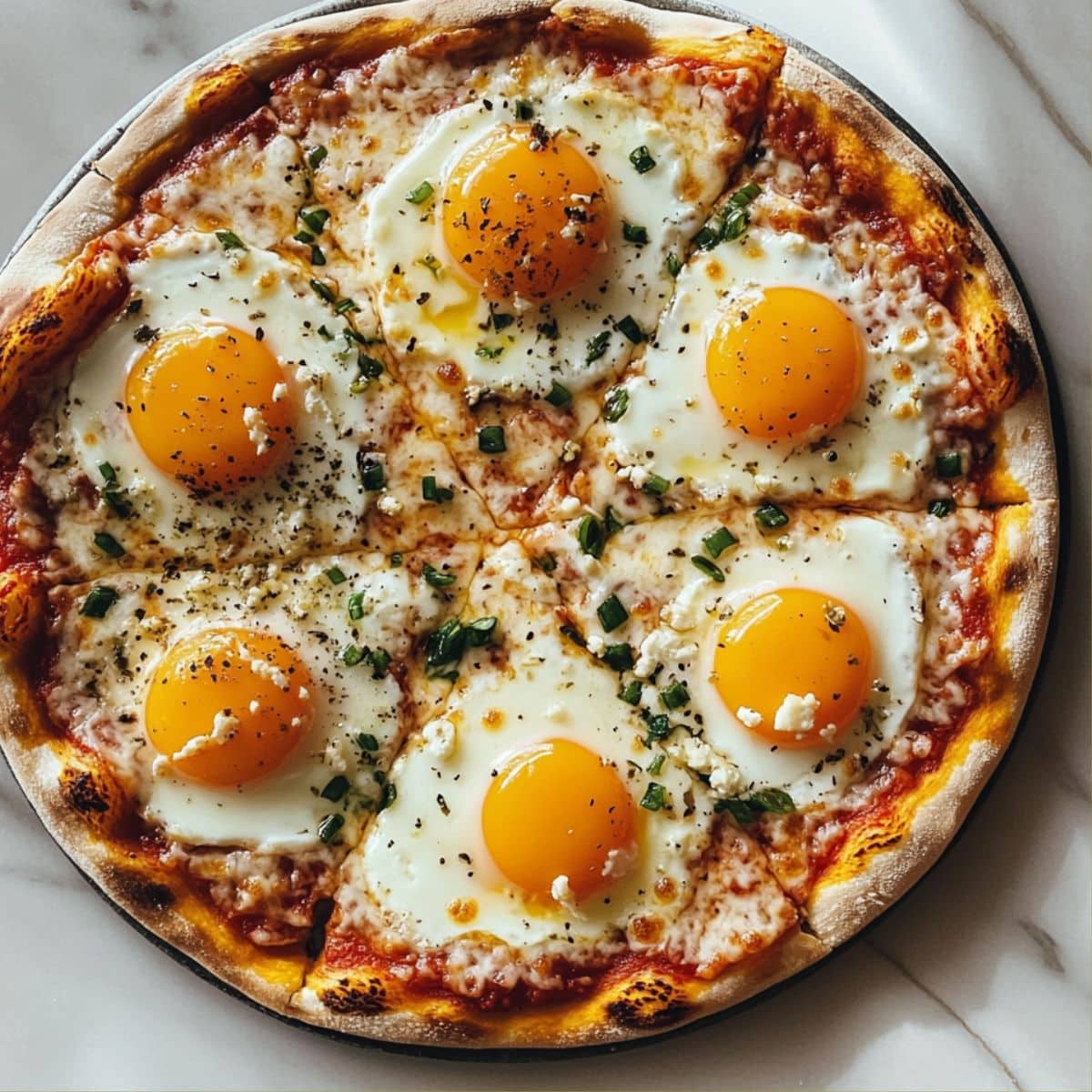Raw eggs cracked into wells on breakfast pizza, surrounded by cheese and meats.