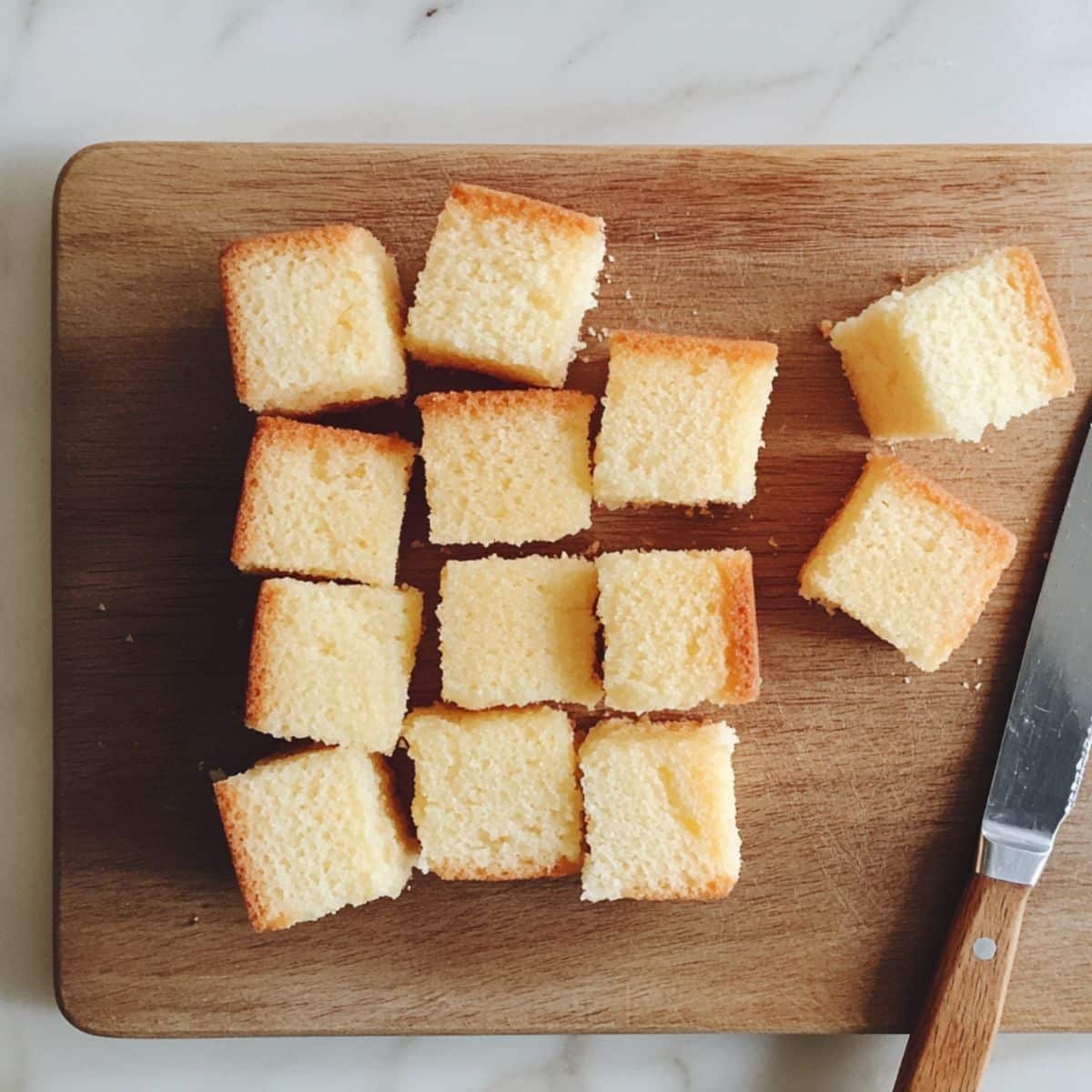Roughly cut pound cake cubes for layering in trifle. Lightly golden, homemade texture, cut on a kitchen counter.
