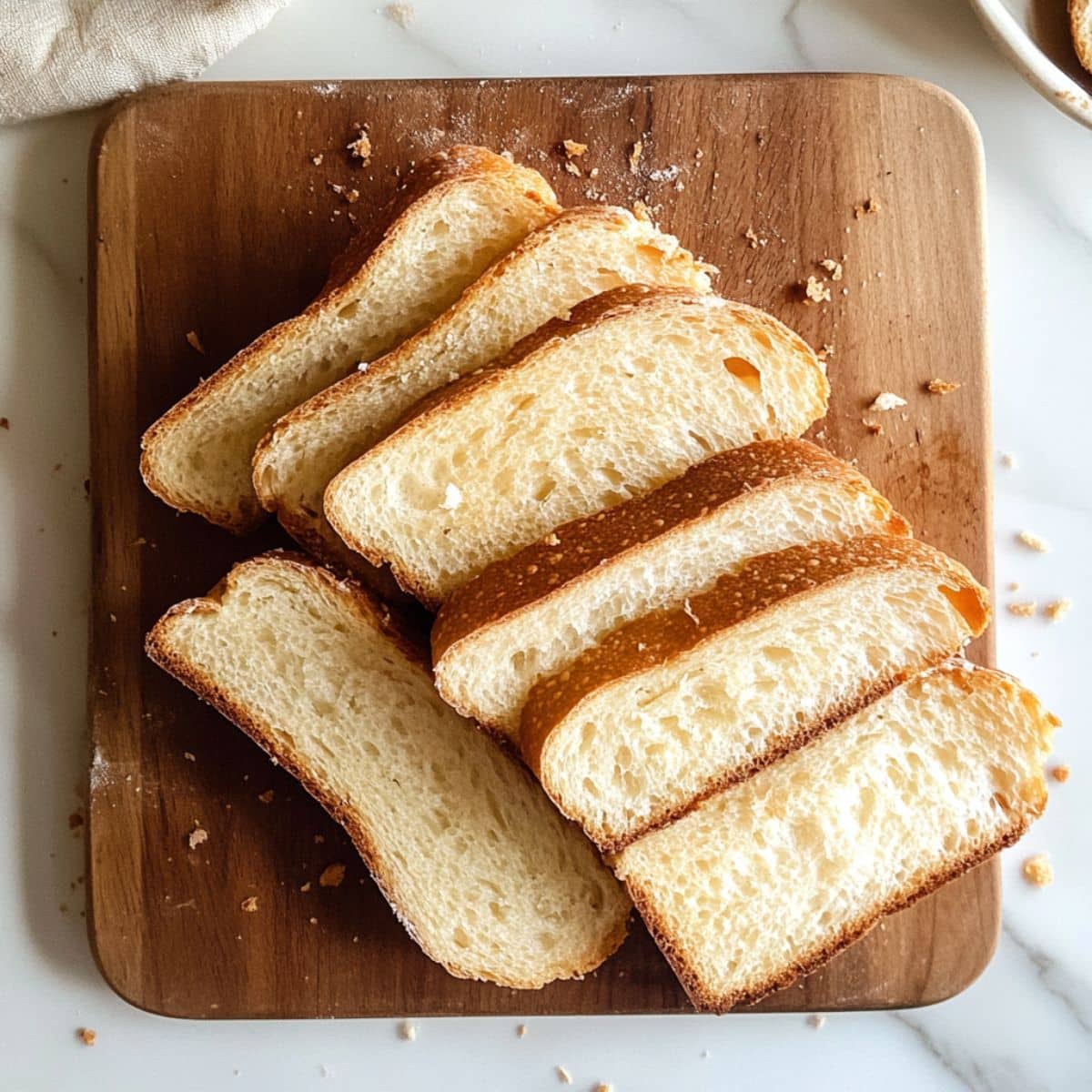 Thick-cut brioche sliced into sticks on cutting board. Crusts trimmed, bread drying on white counter.