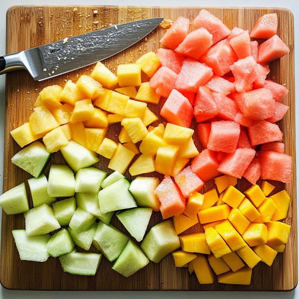 Chopped tropical fruits on a cutting board for agua fresca prep. Juicy, homemade setup with casual kitchen vibes.