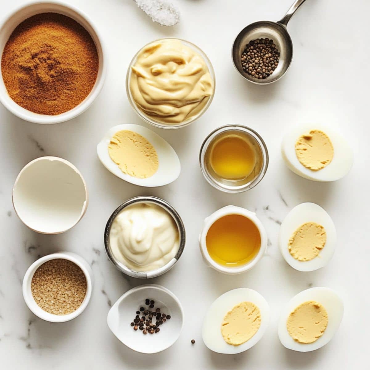 Flat lay of ingredients for deviled eggs recipe including eggs, mayo, mustard, vinegar, and paprika. Set on a white kitchen counter with kitchen tools.