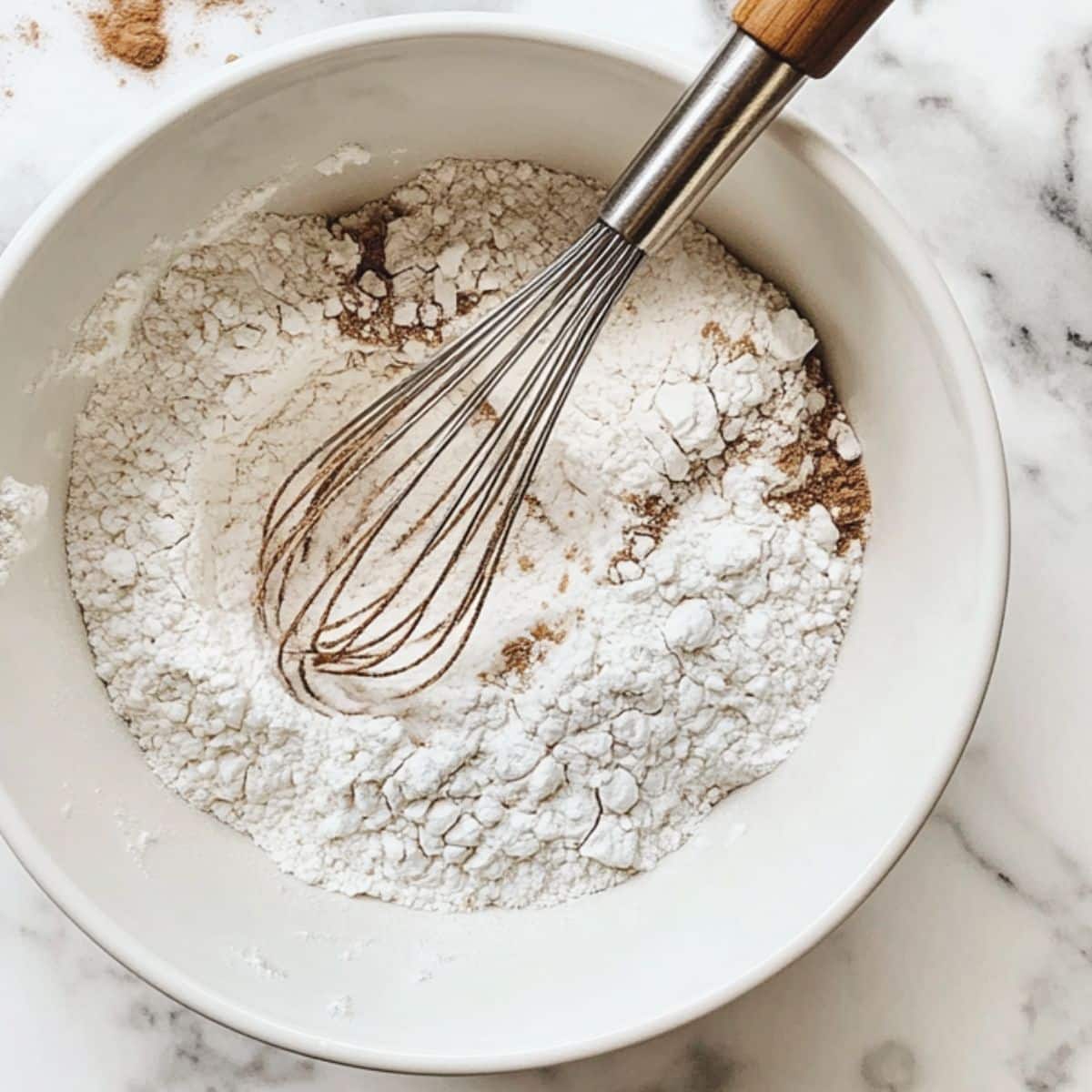 Flour, cinnamon, baking powder, and salt whisked in a bowl with a center well. Dry mix step for banana pancake batter.