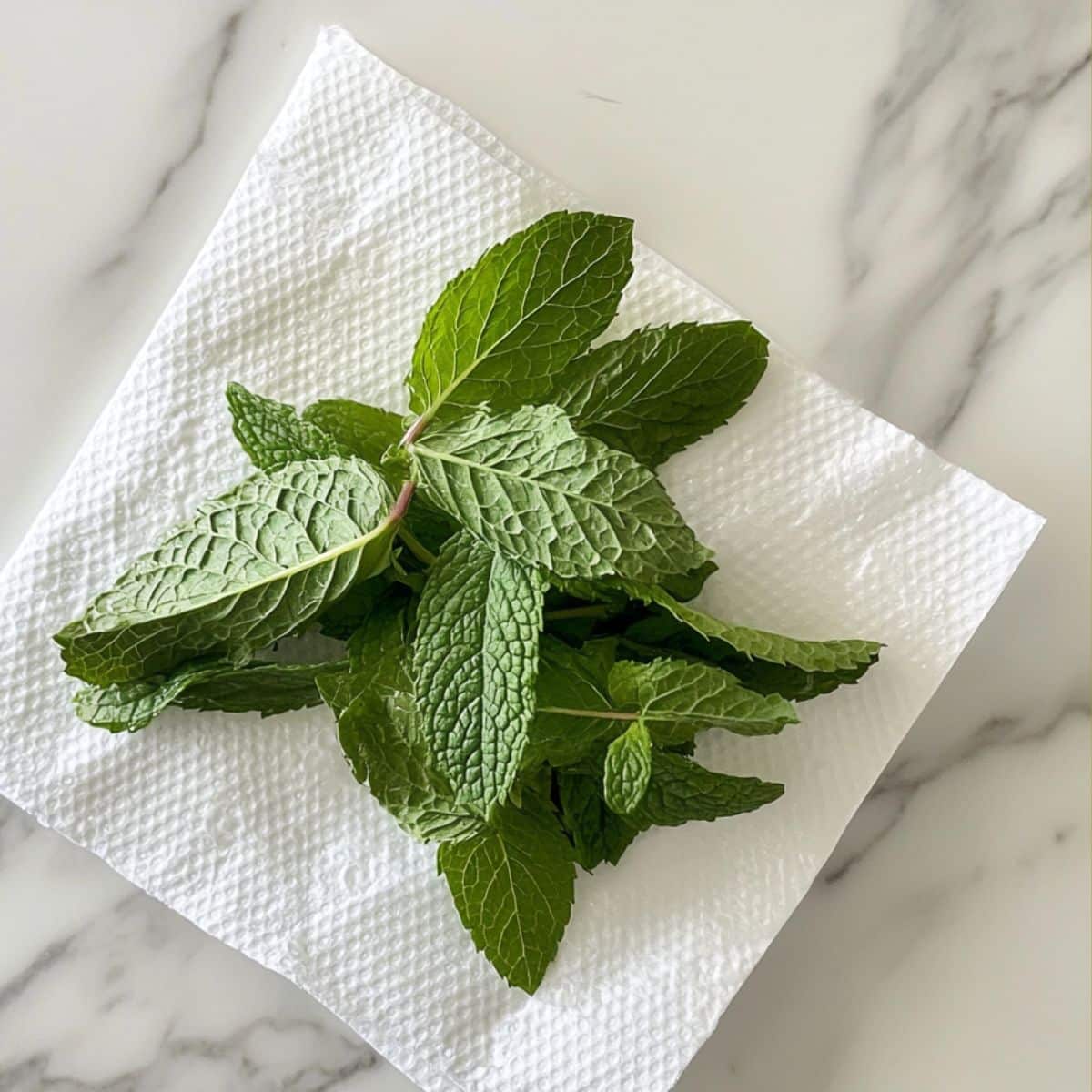 Child gently drying and counting fresh mint leaves for virgin mojito. Natural light on white kitchen counter.