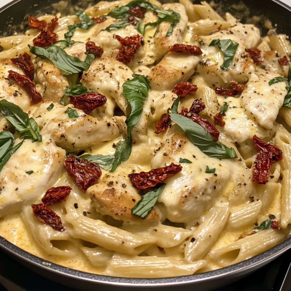 Creamy penne pasta tossed with chicken, melted mozzarella, and basil. Final look of Marry Me Chicken Pasta before serving.