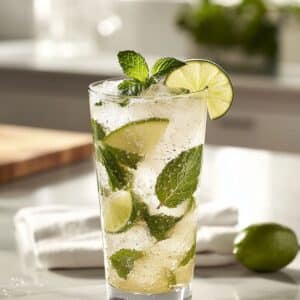 Refreshing virgin mojito with mint, lime wedges, and crushed ice in a tall glass. Fizzy mocktail on white kitchen counter with homemade look.