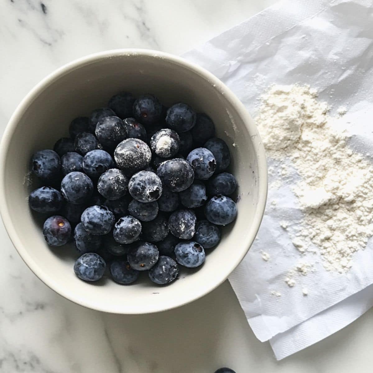 Fresh blueberries coated in flour to prevent sinking and bleeding. First step to fluffy, picture-perfect waffles.