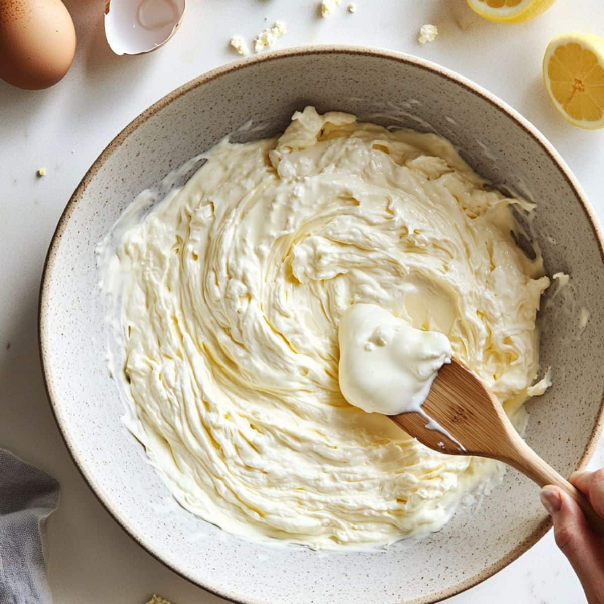 Folding fluffy whipped egg whites into ricotta batter. Airy, streaky texture captured in natural light with homemade feel.