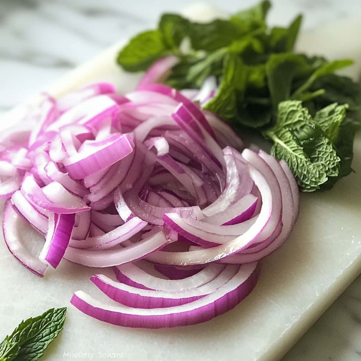 Fresh mint, basil, and thinly sliced red onion on a white counter. Prepped for layering into a homemade watermelon salad.