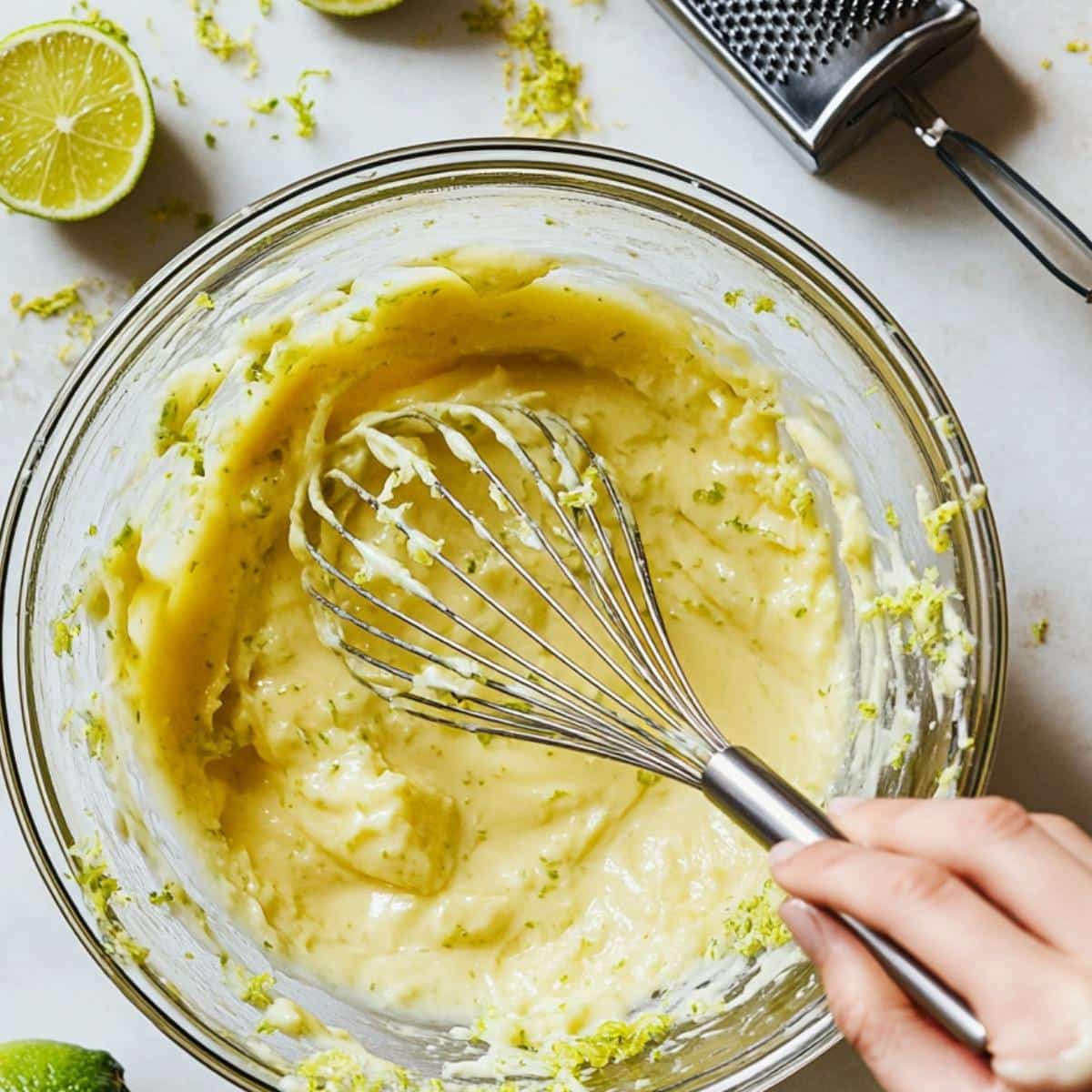A bowl of creamy lime filling being whisked, with lime zest nearby. Bright and casual kitchen atmosphere.