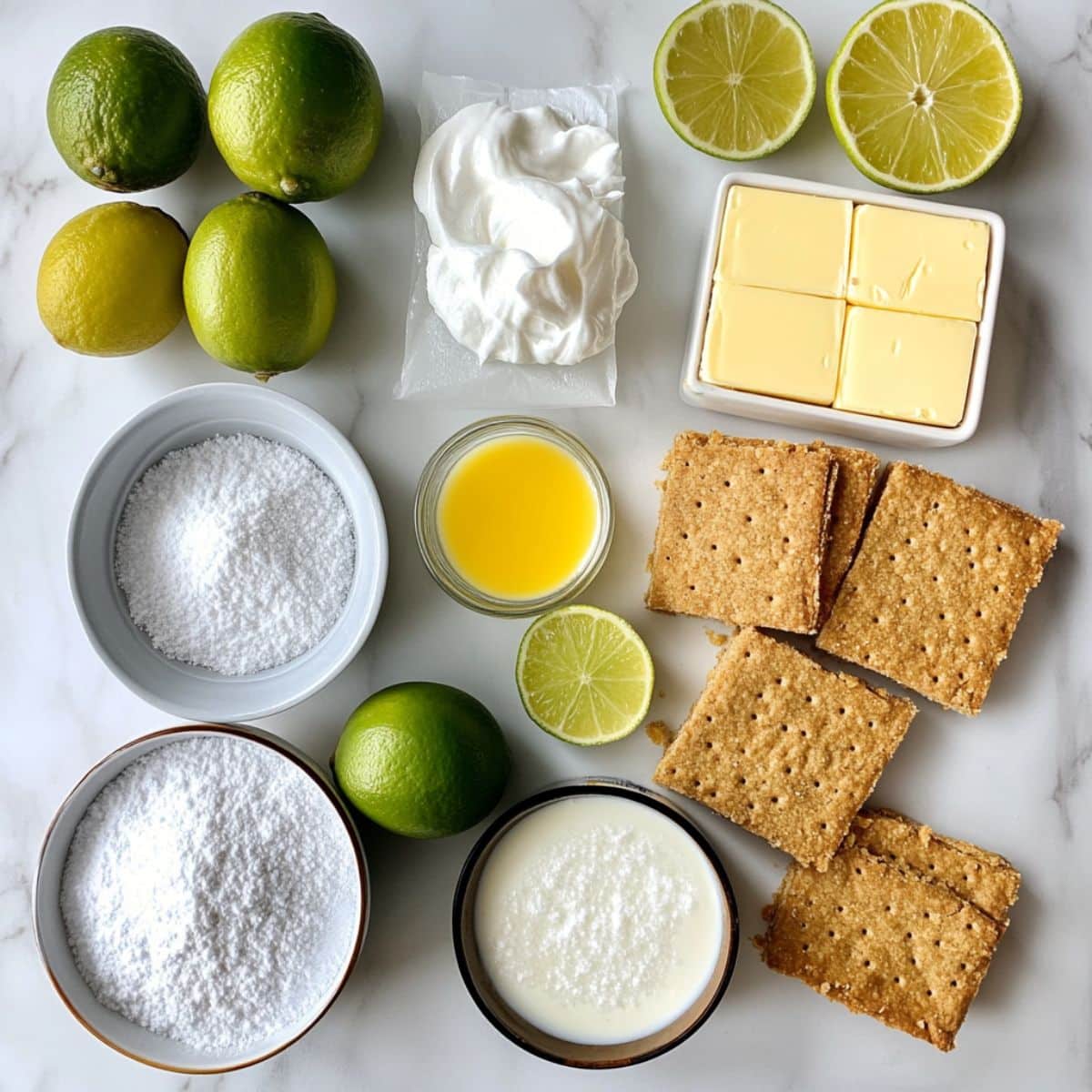 All ingredients for key lime pie bars laid out casually on a white counter. Natural lighting and real-life setup.