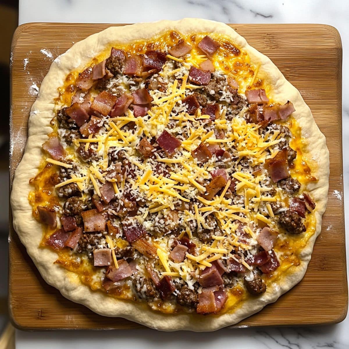 Breakfast meats and cheese layered on top of sauced pizza dough.