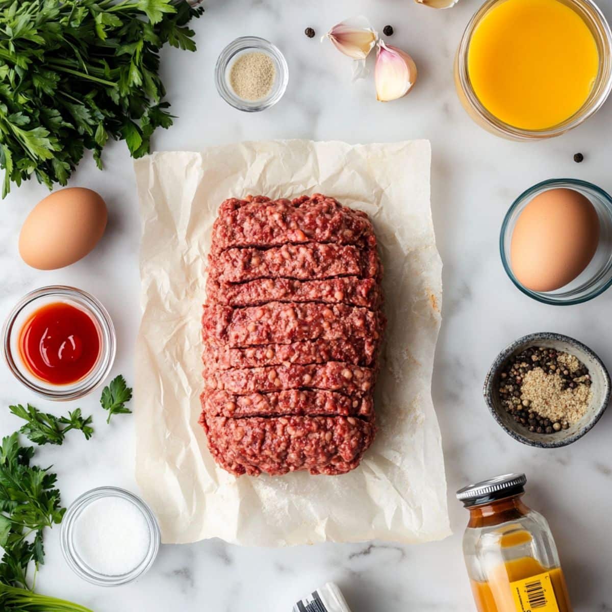 All ingredients for Lipton onion soup meatloaf displayed on white kitchen counter in natural light.