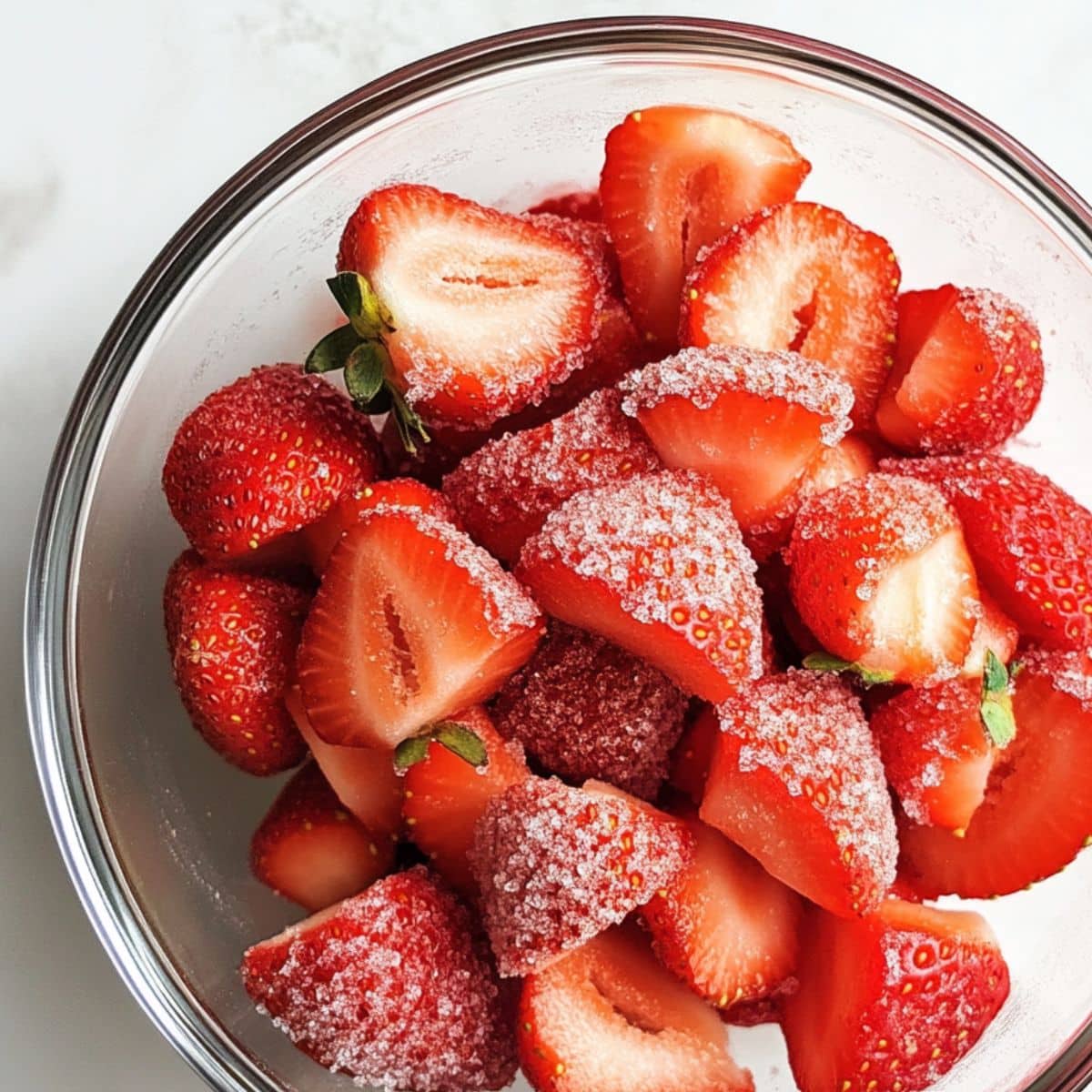Fresh sliced strawberries tossed with sugar and lightly mashed for juicy layering. Prepped in a bowl on a white kitchen counter.