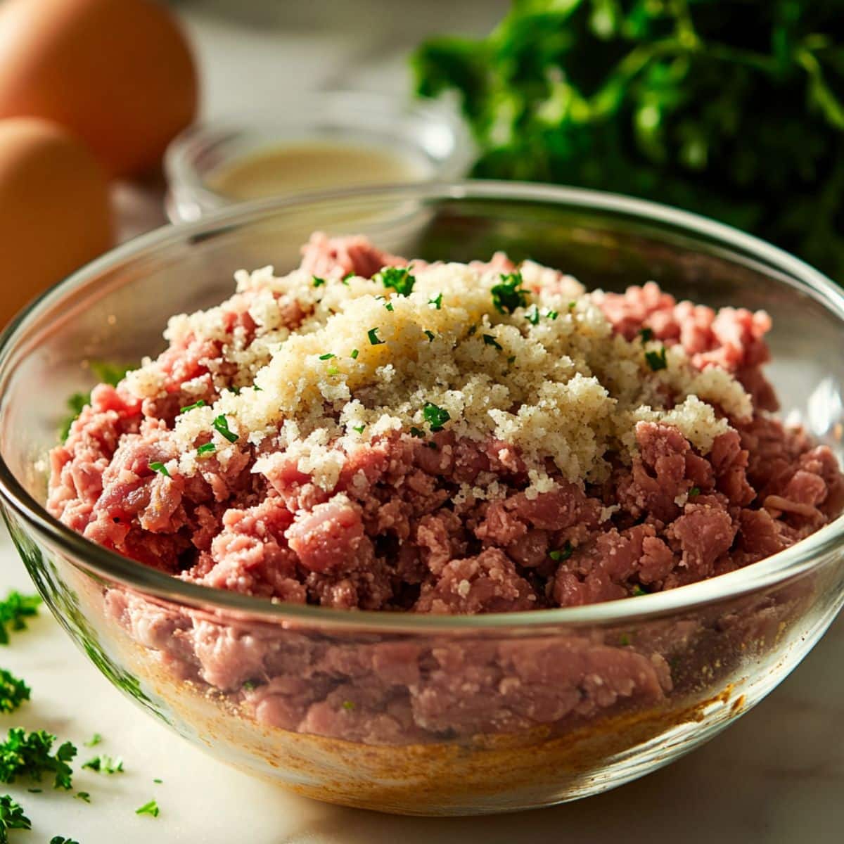 Hands mixing ground beef with Lipton soup mix and ingredients in glass bowl on white kitchen counter.