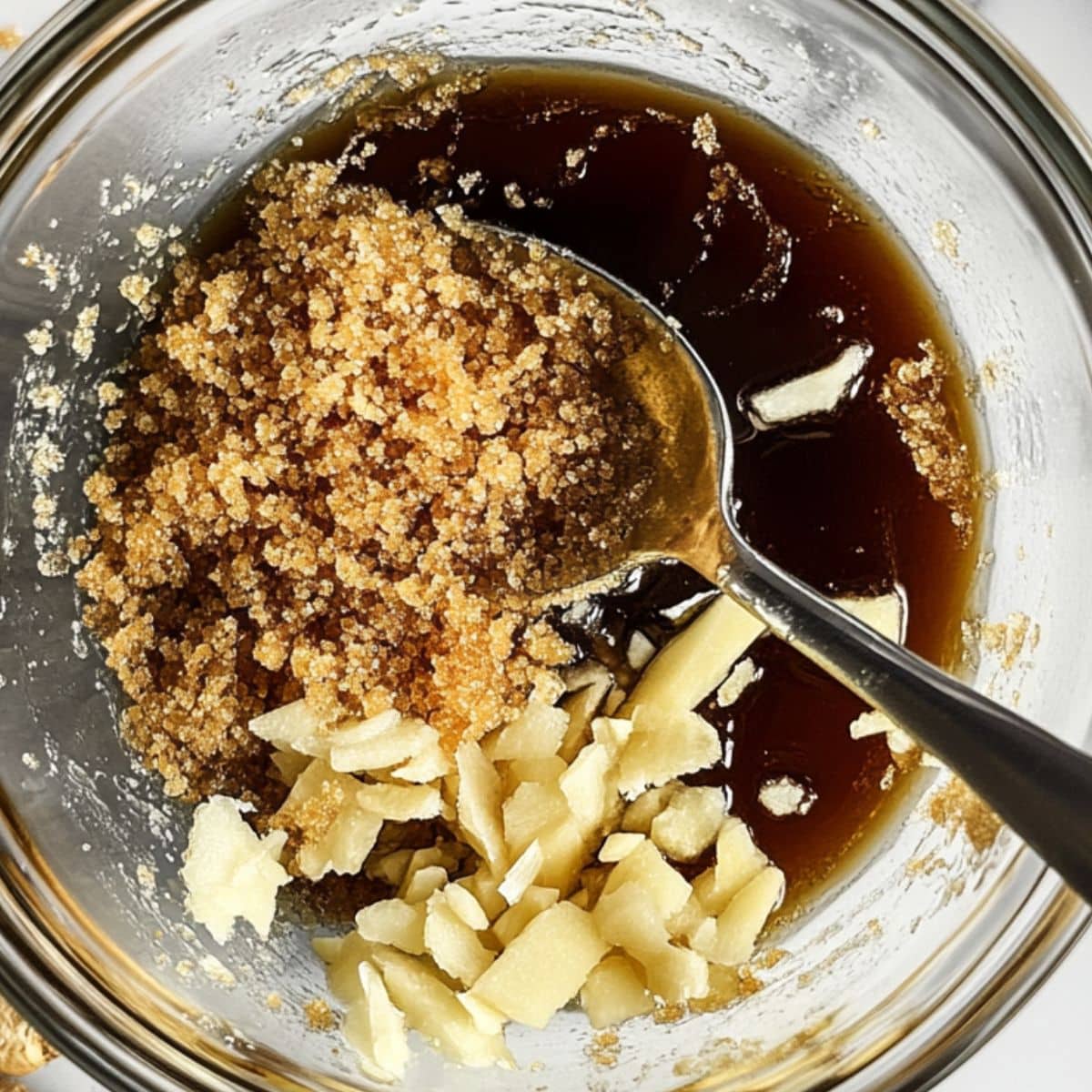 Sweet soy-based Mongolian beef sauce in a mixing bowl. Stirred with garlic and ginger for bold homemade flavor.