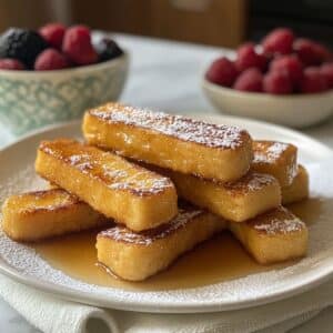 Golden homemade French toast sticks with maple syrup and powdered sugar. Served on a white plate with fresh berries in the background.
