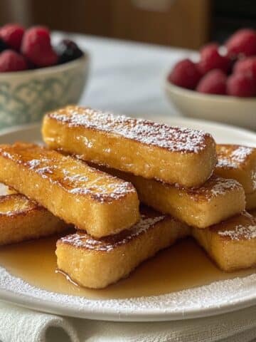 Golden homemade French toast sticks with maple syrup and powdered sugar. Served on a white plate with fresh berries in the background.