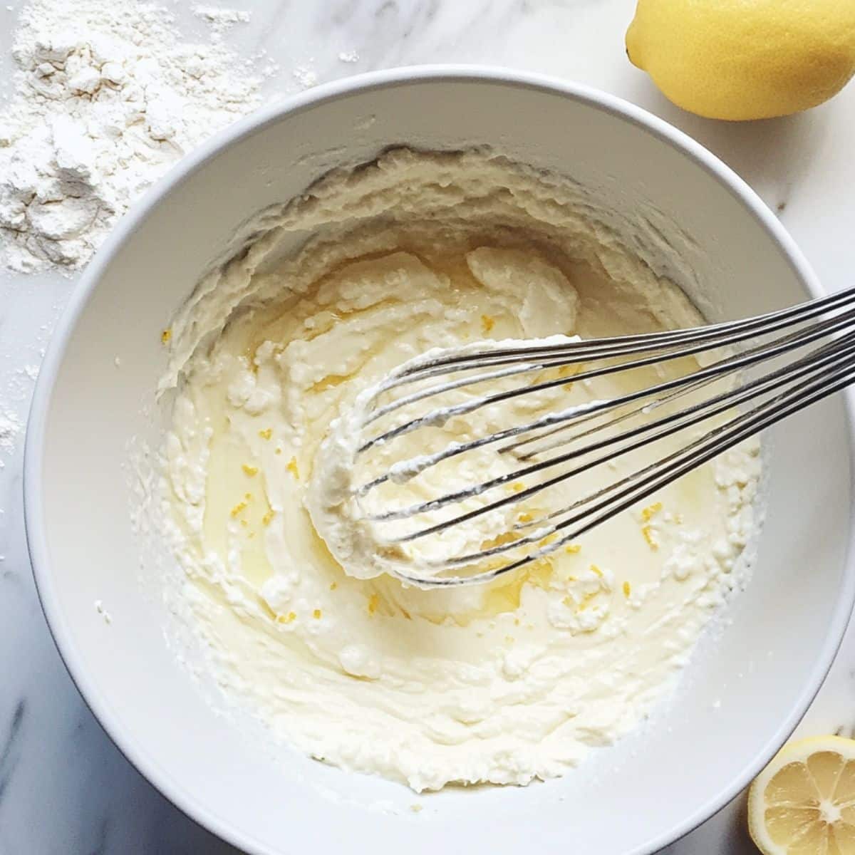 Mixing homemade ricotta pancake batter with lemon zest in a bowl. Ingredients are partially combined in a casual kitchen setup.