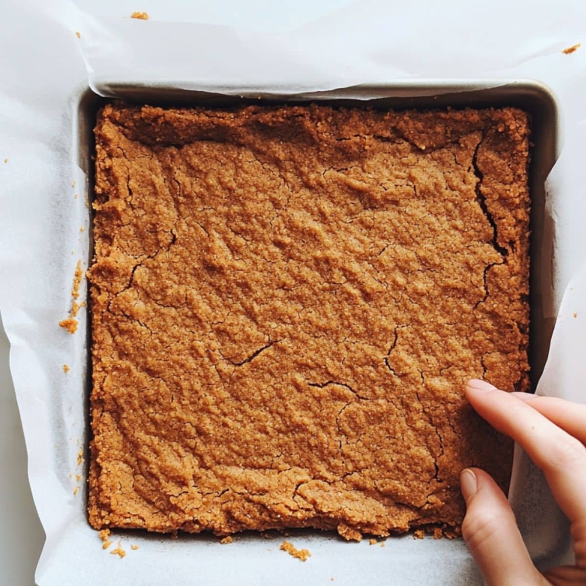 Crushed graham crackers being pressed into a parchment-lined pan by hand. Crumbs scattered around the white counter.