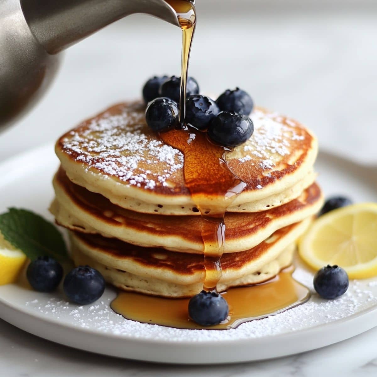 Fluffy ricotta pancakes stacked with blueberries, powdered sugar, and maple syrup. A homemade breakfast served with lemon on a white plate.